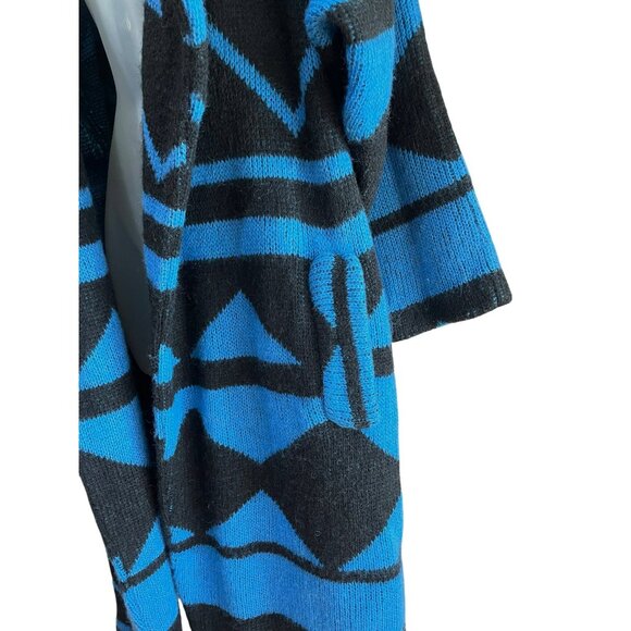 90’s Funky Vintage I.B. Diffusion Blue & Black Geometric Wool Blend Open Front L - Picture 8 of 9